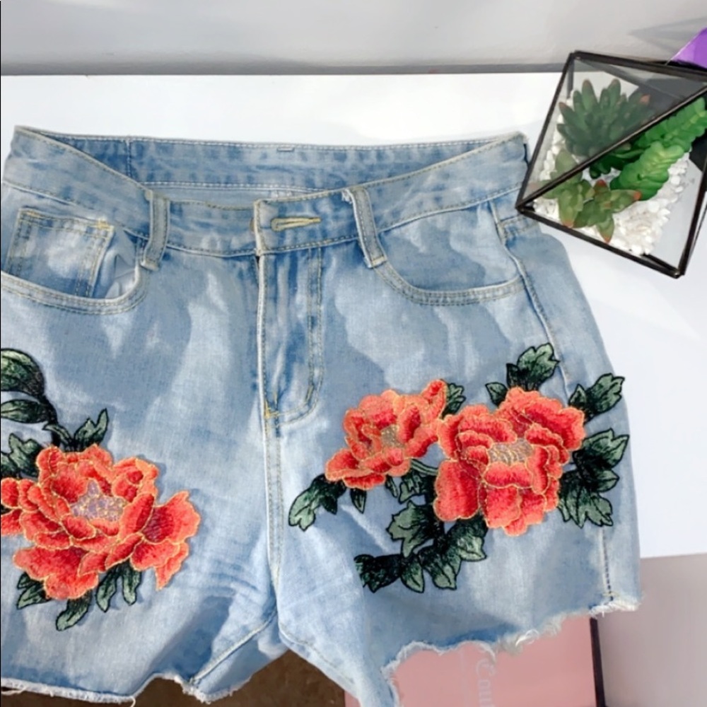 Shein red floral patch denim shorts